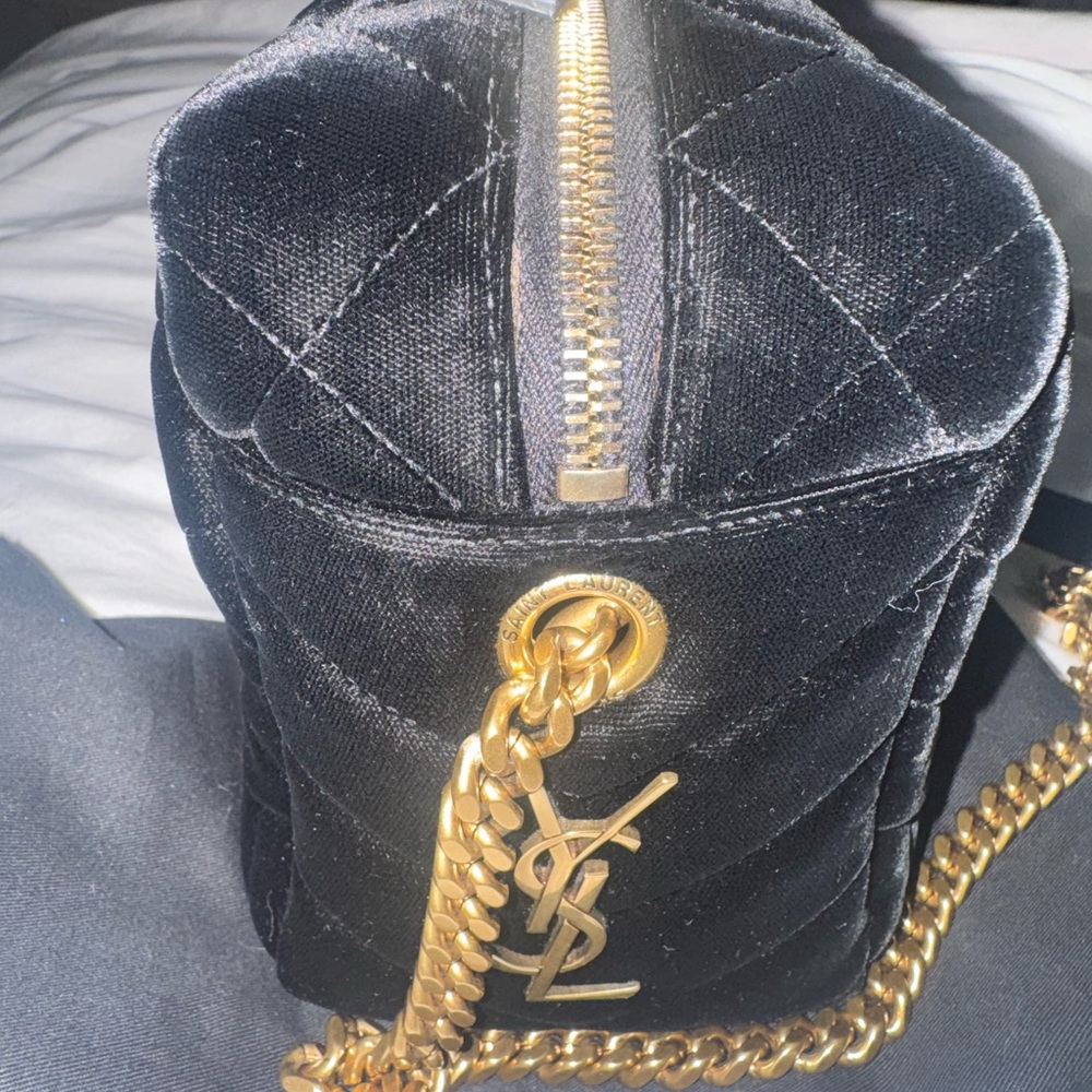 Saint Laurent Black Velvet Puffer Crossbody Bag with Gold Hardware - Picture 6 of 9